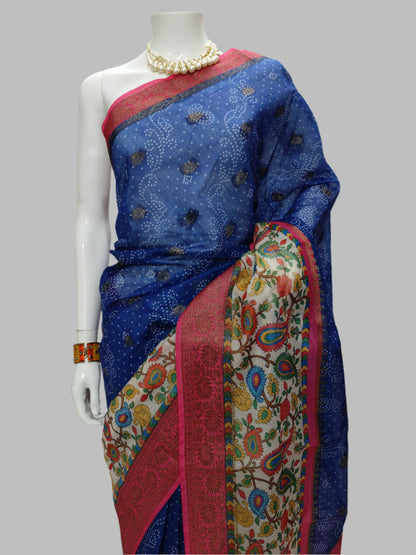 Blue Chanderi Cotton Digital Print Banarasi Saree