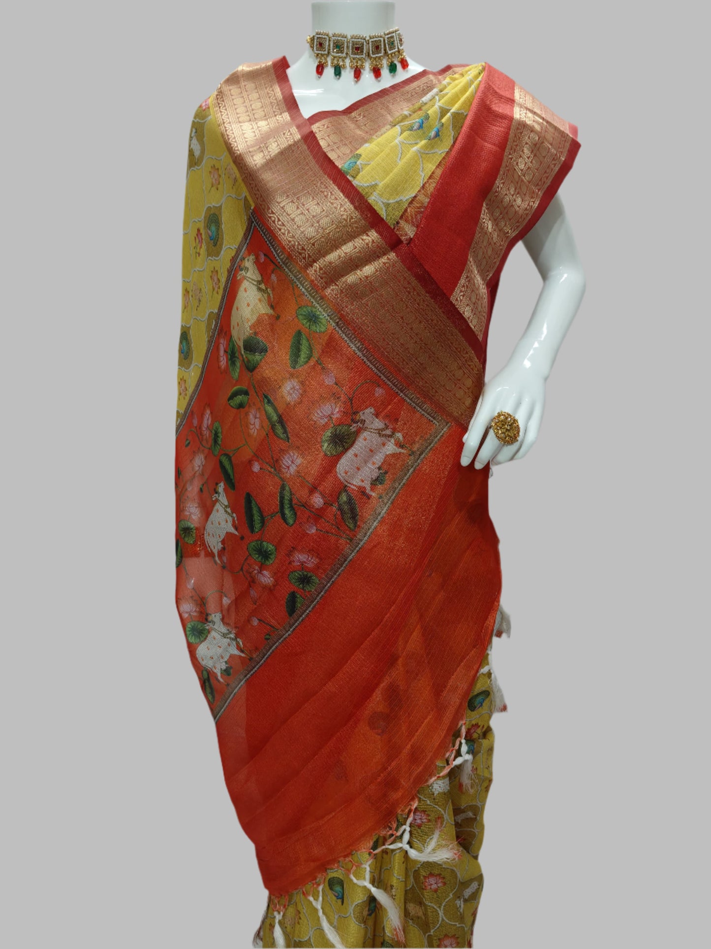 Yellow Kota Doria Kalamkari Digital Print Banarasi Saree