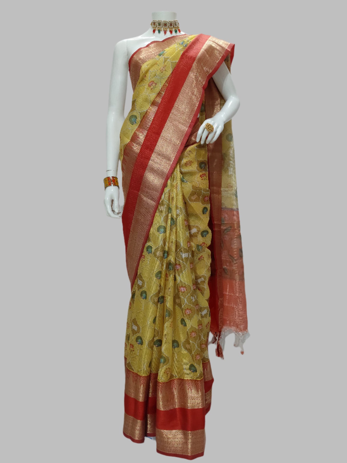 Yellow Kota Doria Kalamkari Digital Print Banarasi Saree