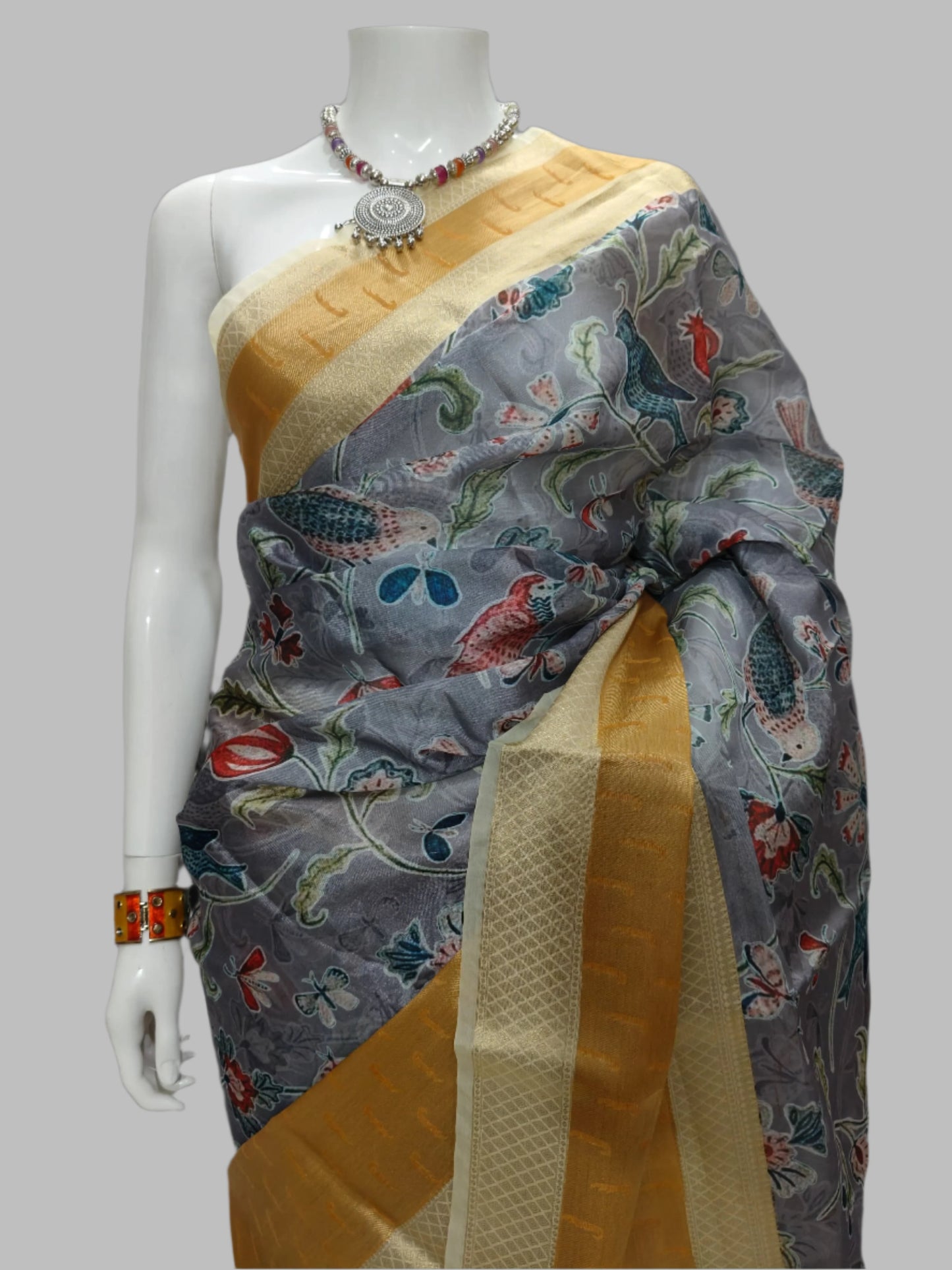 Grey Worm Silk Muniya Digital Print Banarasi Saree