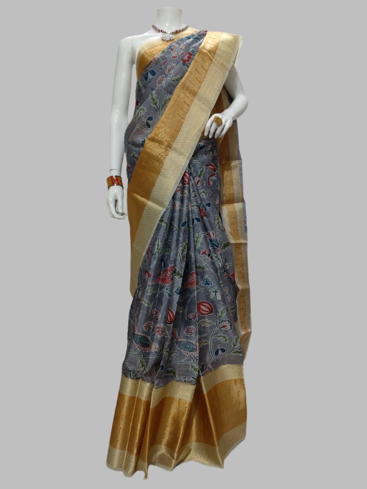 Grey Worm Silk Muniya Digital Print Banarasi Saree