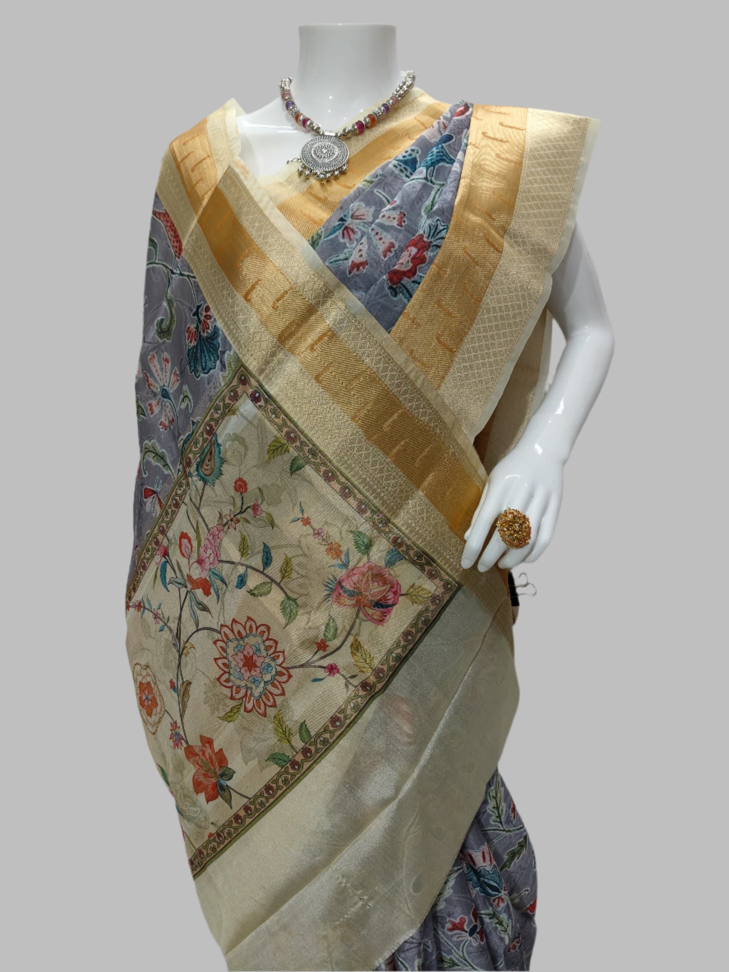 Grey Worm Silk Muniya Digital Print Banarasi Saree