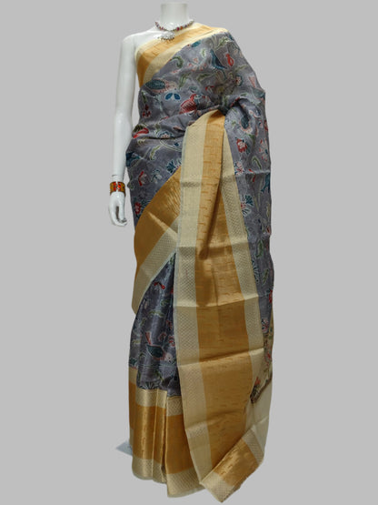 Grey Worm Silk Muniya Digital Print Banarasi Saree