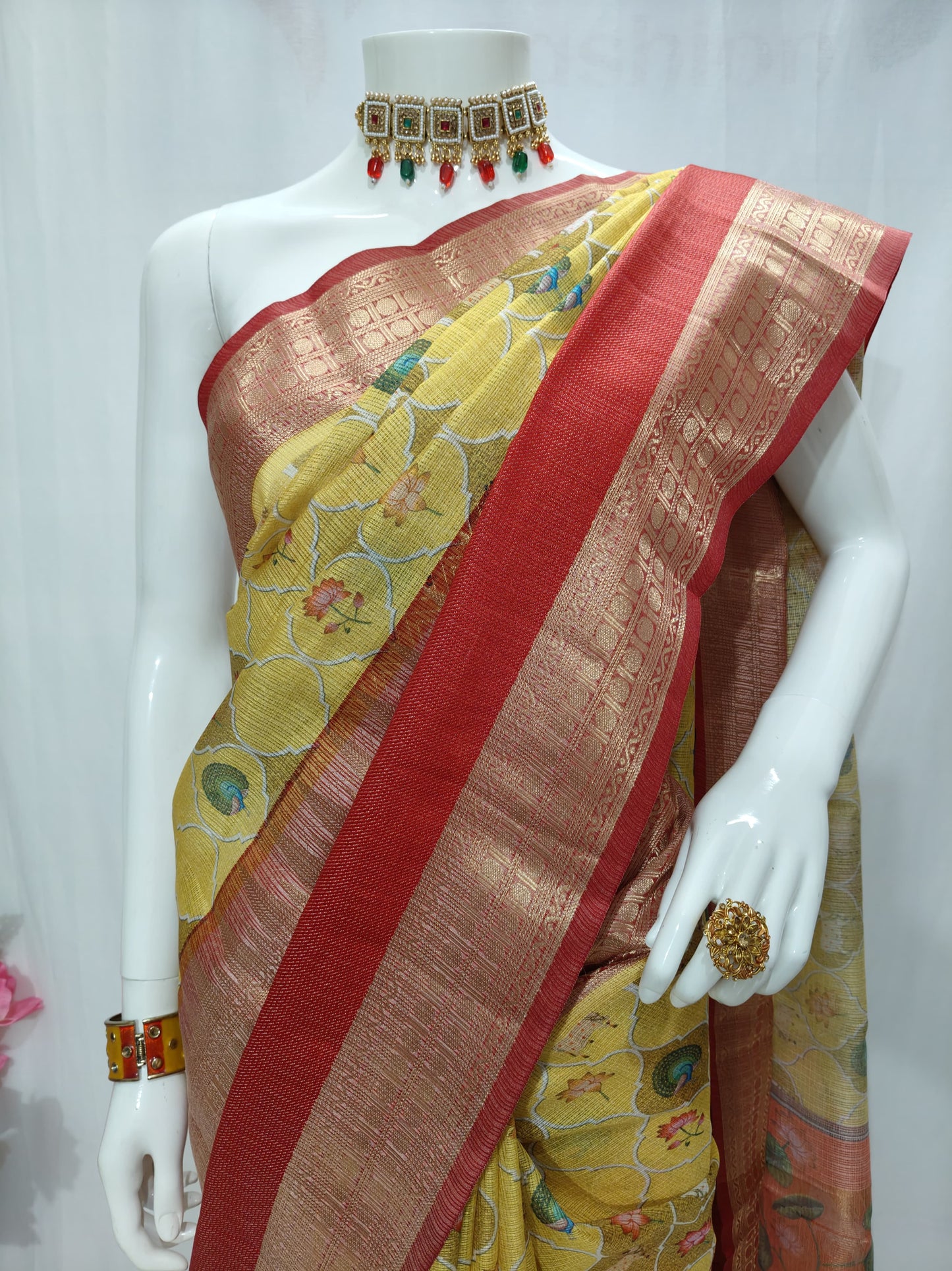 Yellow Kota Doria Kalamkari Digital Print Banarasi Saree