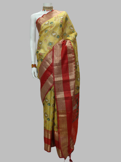 Yellow Kota Doria Kalamkari Digital Print Banarasi Saree