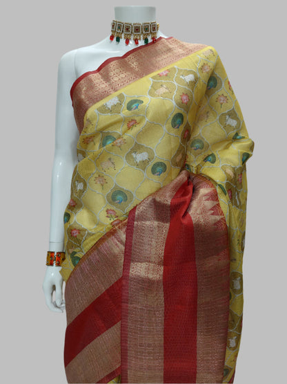 Yellow Kota Doria Kalamkari Digital Print Banarasi Saree