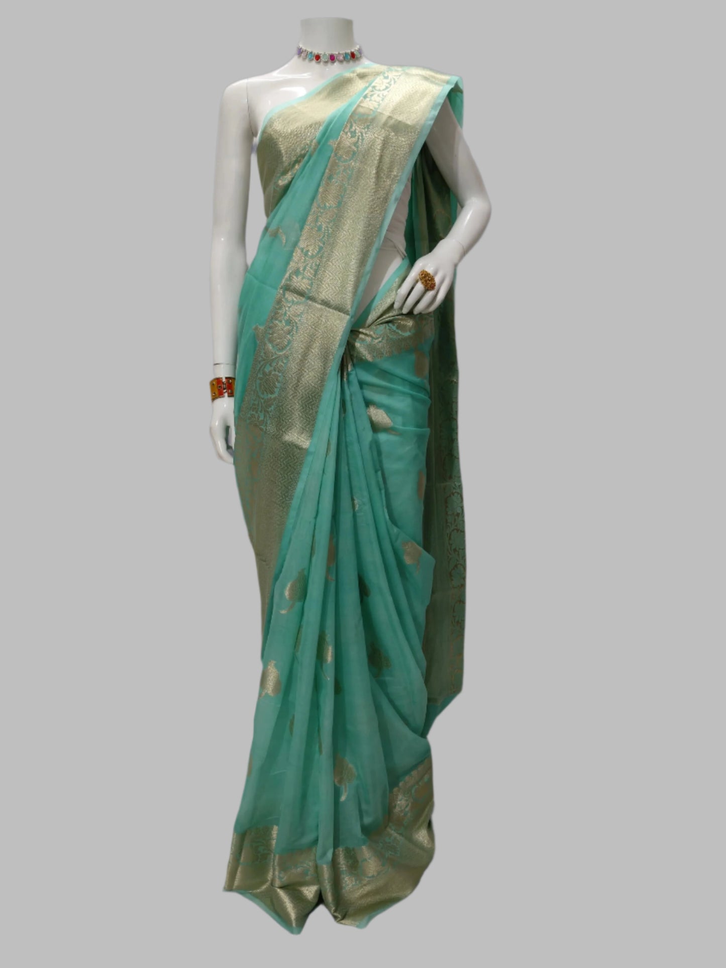 Pista Color Banarasi Georgette Saree With Unstitched Blouse