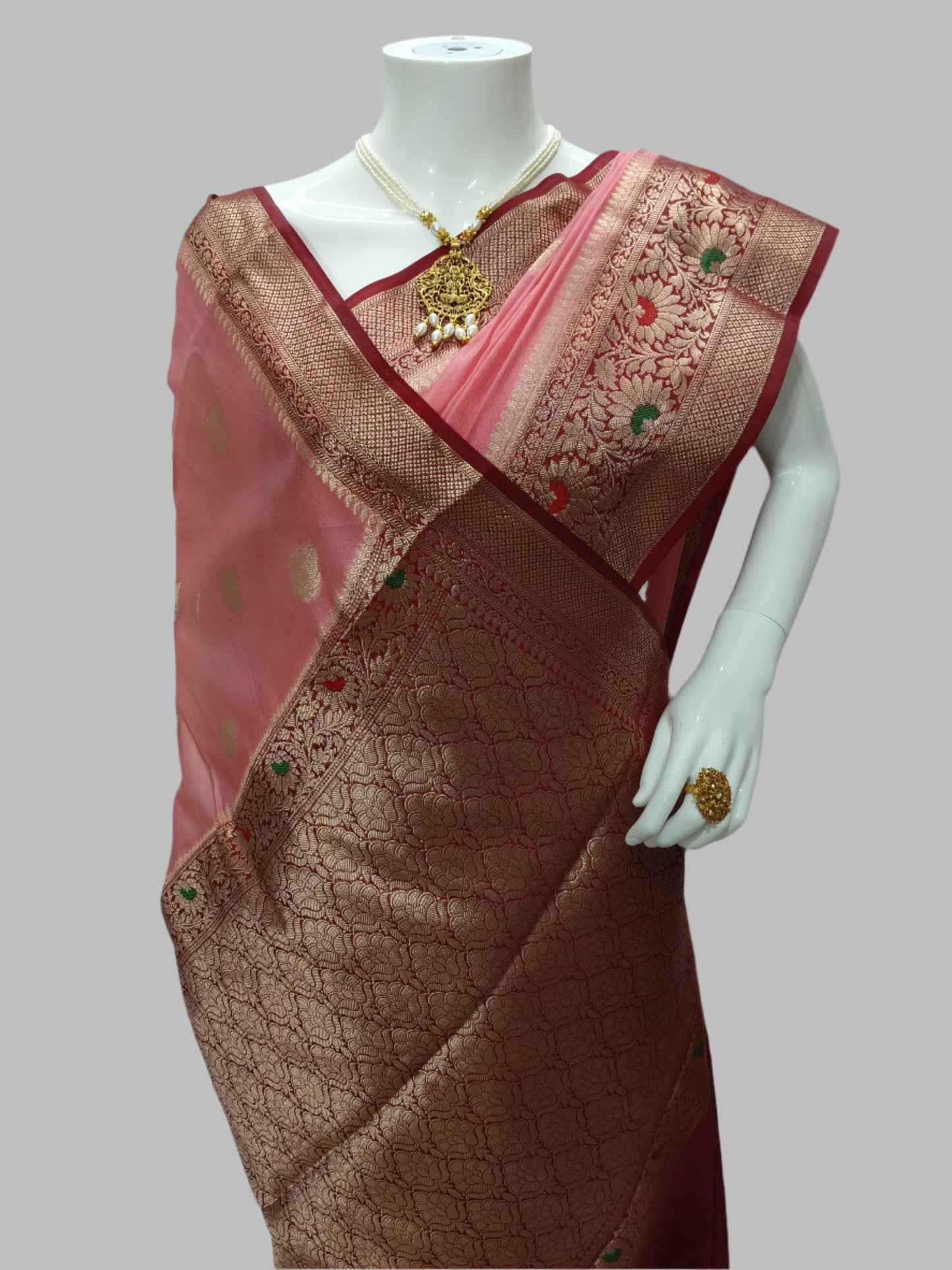 Peach  Banarasi Georgette Saree With Unstitched Blouse