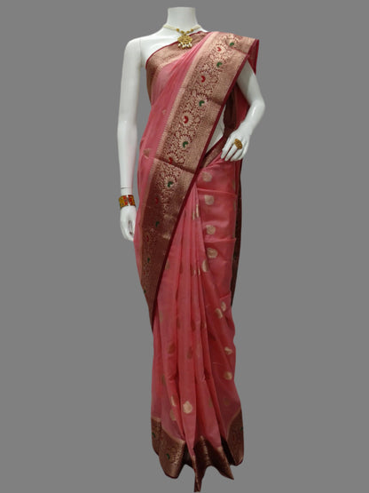 Peach  Banarasi Georgette Saree With Unstitched Blouse