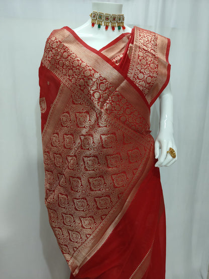 Red Banarasi Georgette Saree With Unstitched Blouse