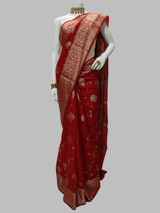 Red Banarasi Georgette Saree With Unstitched Blouse