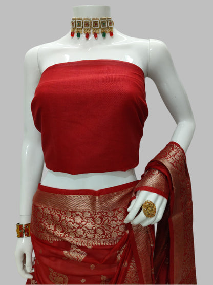 Red Banarasi Georgette Saree With Unstitched Blouse