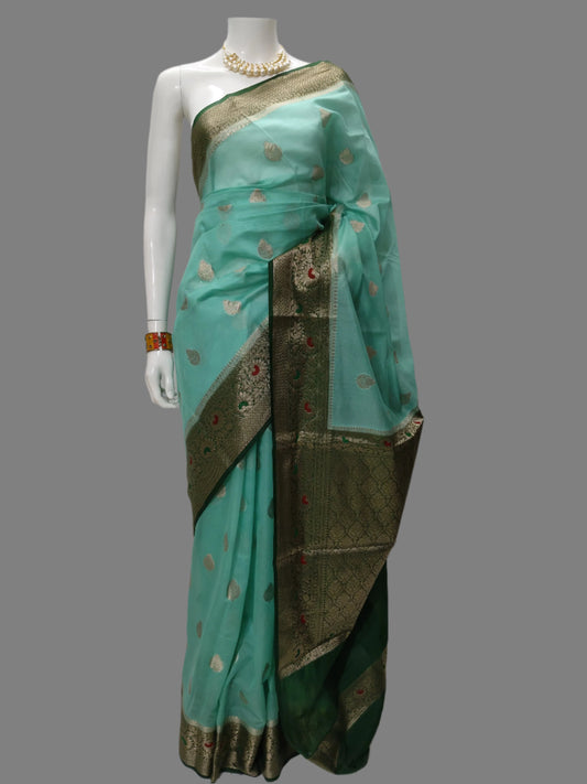 Pista Color Banarasi Georgette Saree With Unstitched Blouse