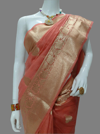 Peach  Banarasi Georgette Saree With Unstitched Blouse