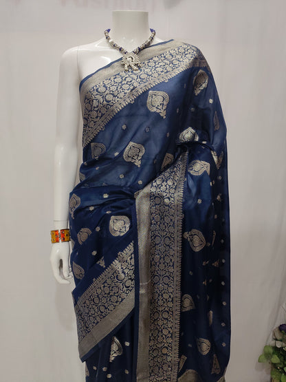 Navy Blue Banarasi Georgette Saree With Unstitched Blouse