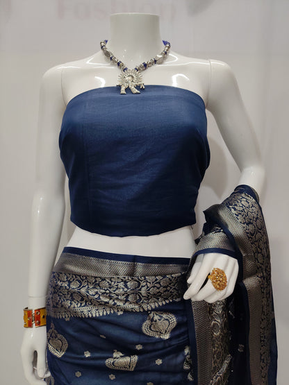 Navy Blue Banarasi Georgette Saree With Unstitched Blouse