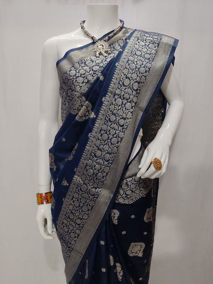 Navy Blue Banarasi Georgette Saree With Unstitched Blouse