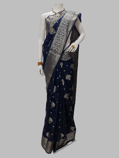 Navy Blue Banarasi Georgette Saree With Unstitched Blouse