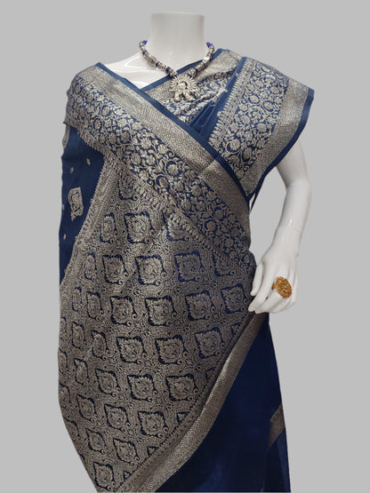 Navy Blue Banarasi Georgette Saree With Unstitched Blouse