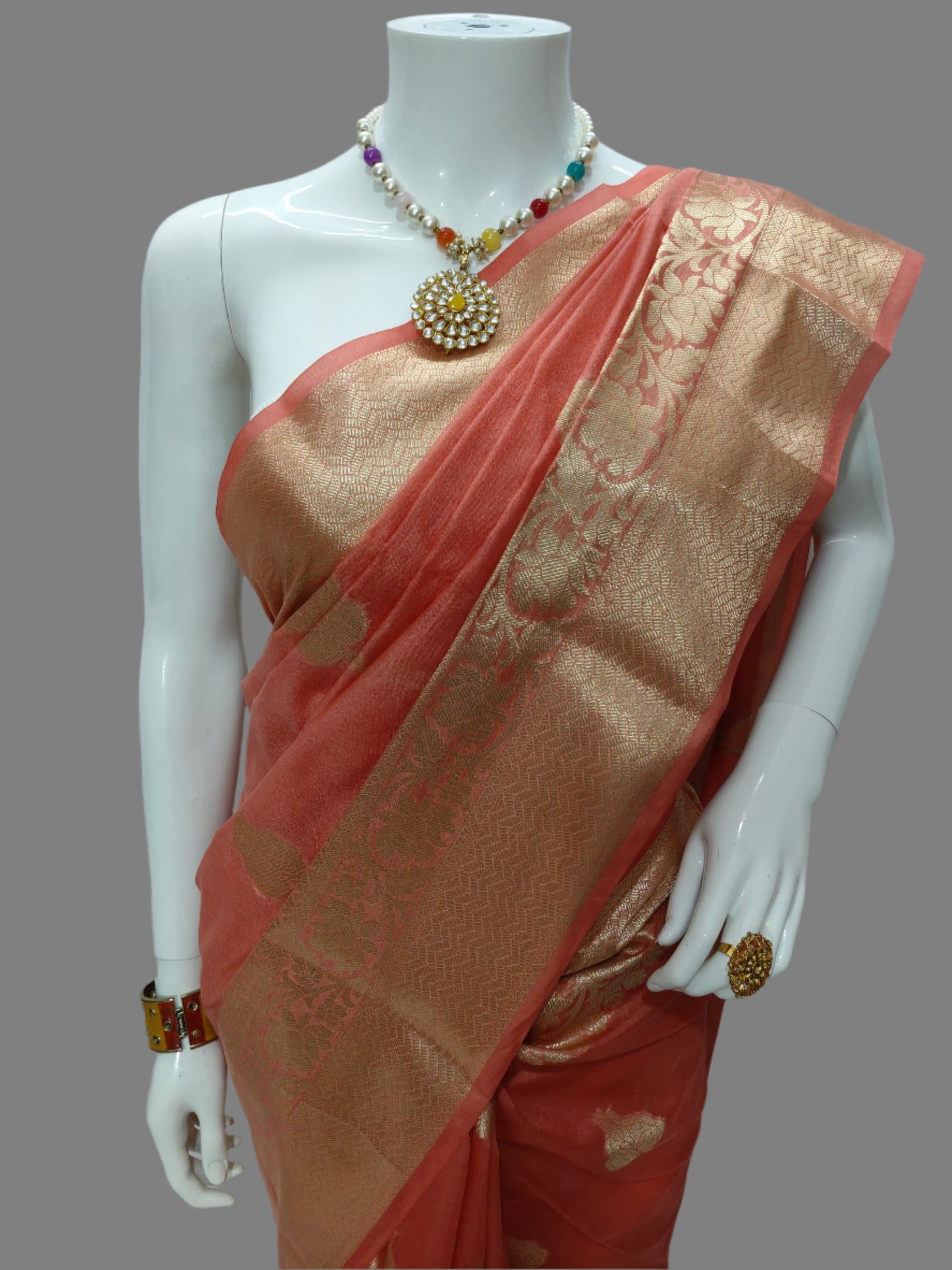 Peach  Banarasi Georgette Saree With Unstitched Blouse