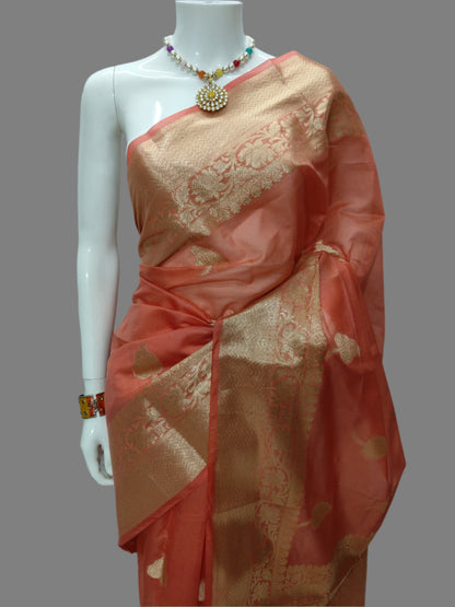 Peach  Banarasi Georgette Saree With Unstitched Blouse