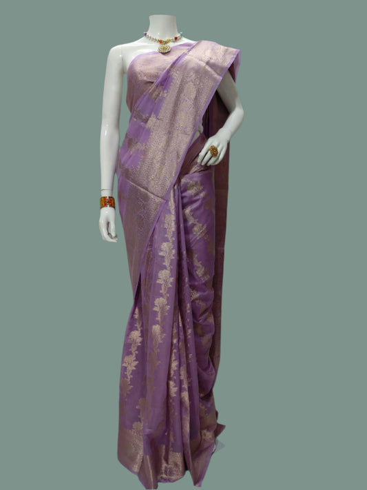 Purple Banarasi Georgette Saree With Unstitched Blouse