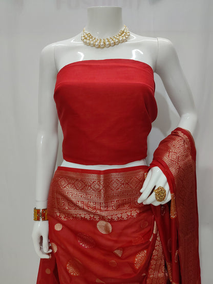 Red Banarasi Georgette Saree With Unstitched Blouse