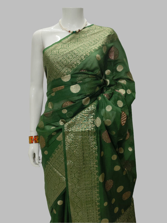 Green Banarasi Georgette Saree With Unstitched Blouse