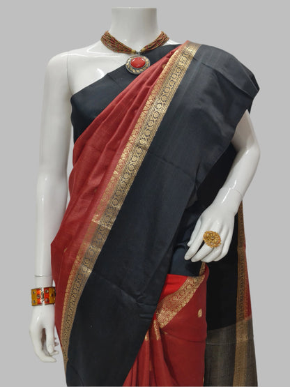 Pure Tussar Silk Maroon Banarasi Saree With Unstitched Blouse