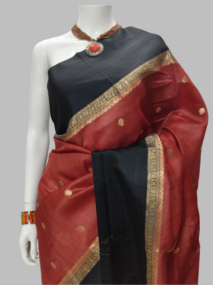 Pure Tussar Silk Maroon Banarasi Saree With Unstitched Blouse