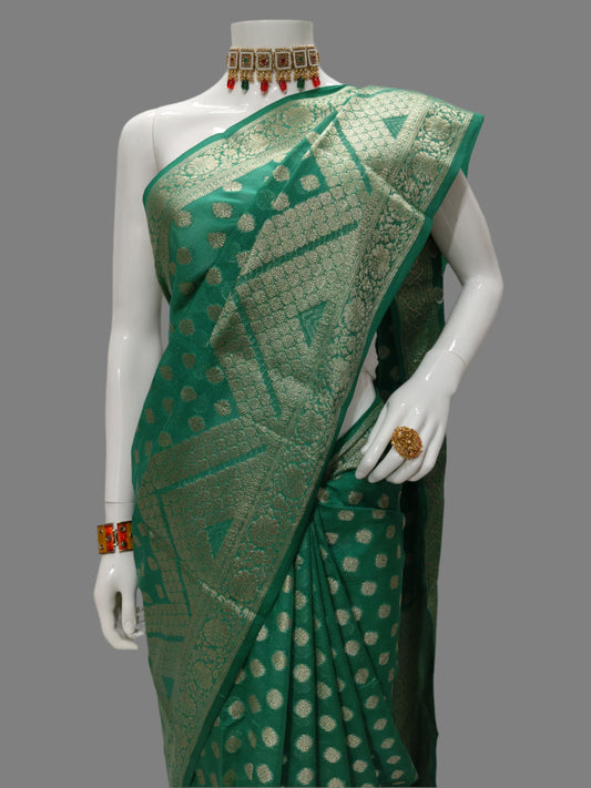 Green Banarasi Georgette Saree With Unstitched Blouse