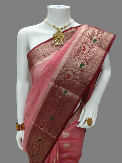 Peach  Banarasi Georgette Saree With Unstitched Blouse