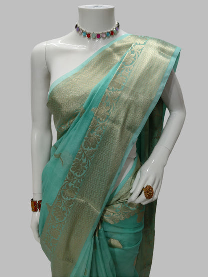 Pista Color Banarasi Georgette Saree With Unstitched Blouse