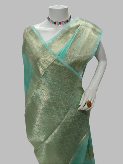 Pista Color Banarasi Georgette Saree With Unstitched Blouse