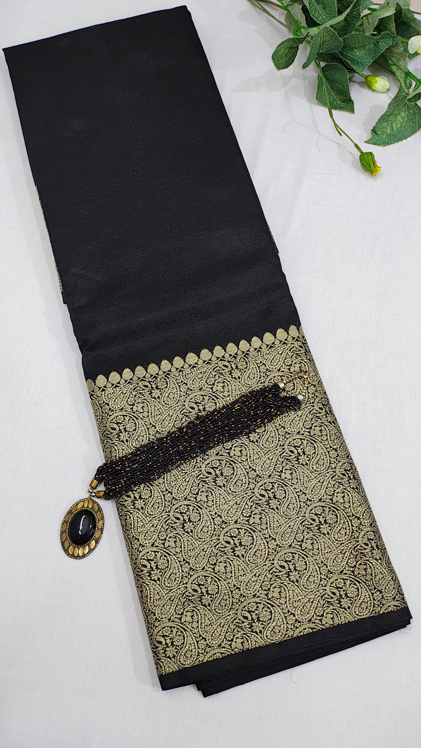 Black Worm Silk Banarasi Saree With Unstitched Blouse