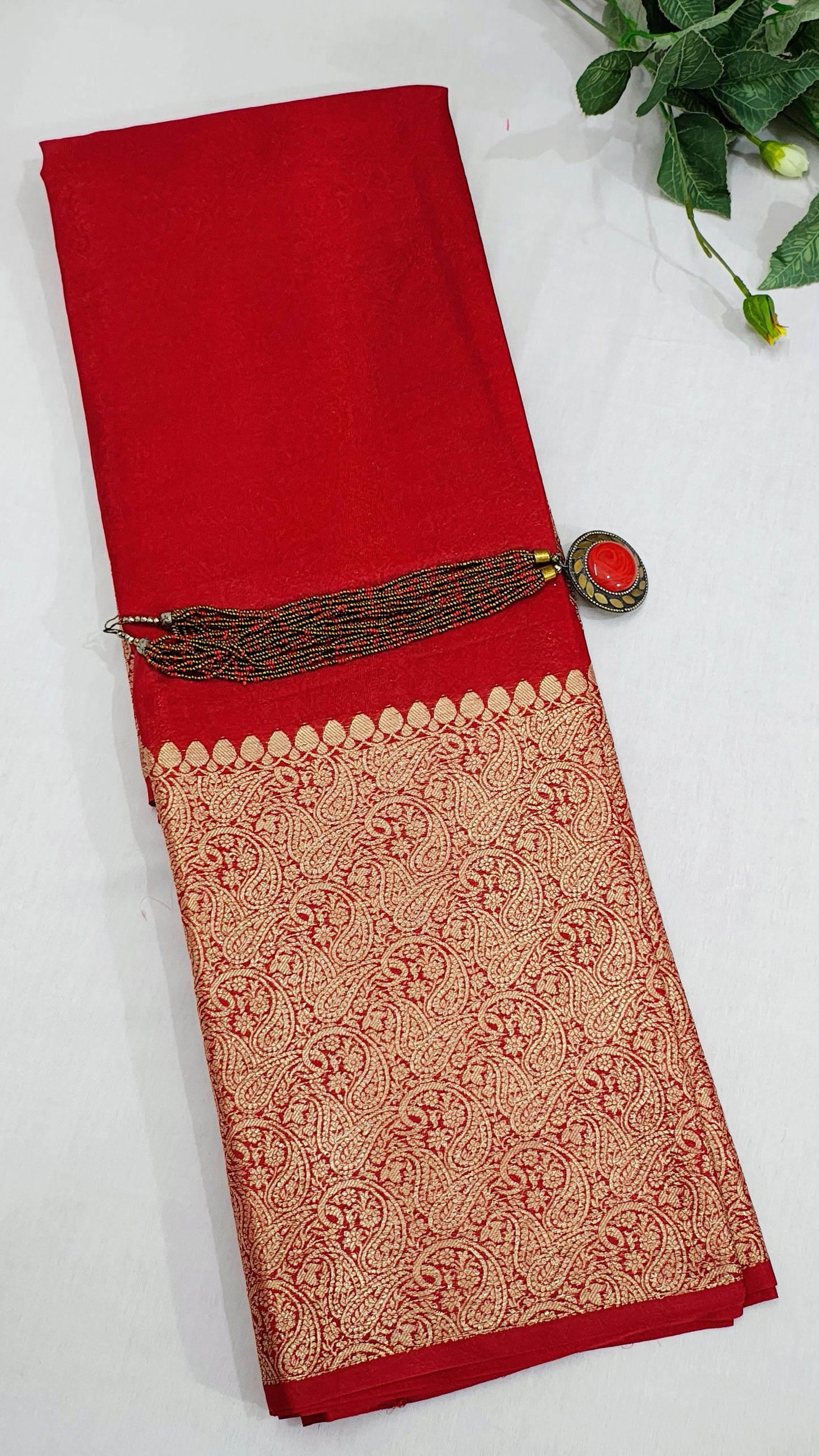 Red Worm Silk Banarasi Saree With Unstitched Blouse