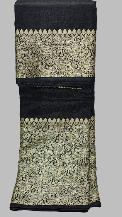 Black Worm Silk Banarasi Saree With Unstitched Blouse