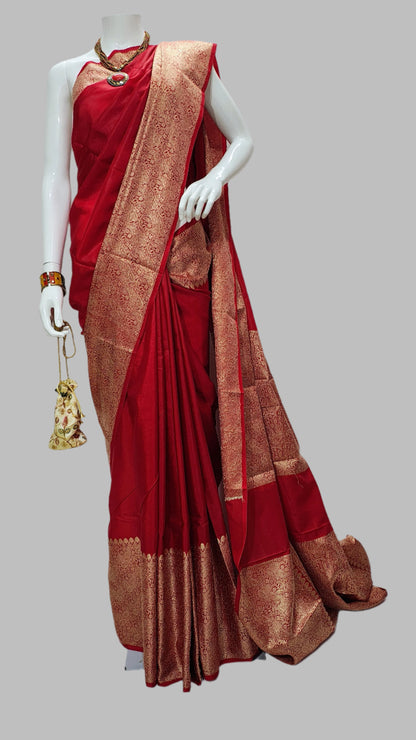 Red Worm Silk Banarasi Saree With Unstitched Blouse