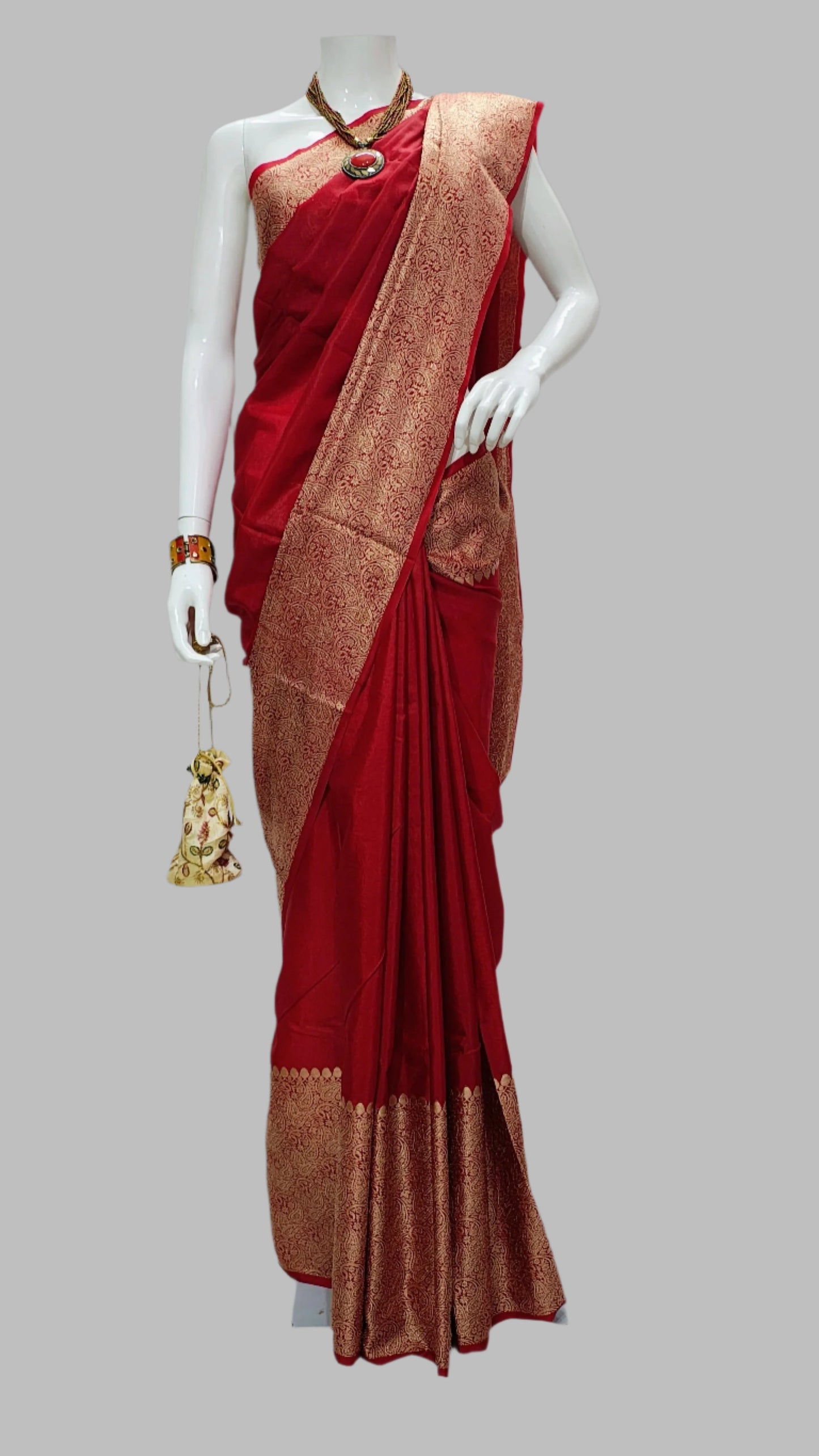 Red Worm Silk Banarasi Saree With Unstitched Blouse