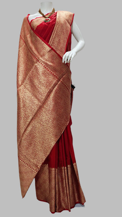 Red Worm Silk Banarasi Saree With Unstitched Blouse