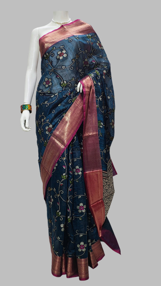 Banarasi Raw Silk Kalamkari Saree With Unstitched Blouse