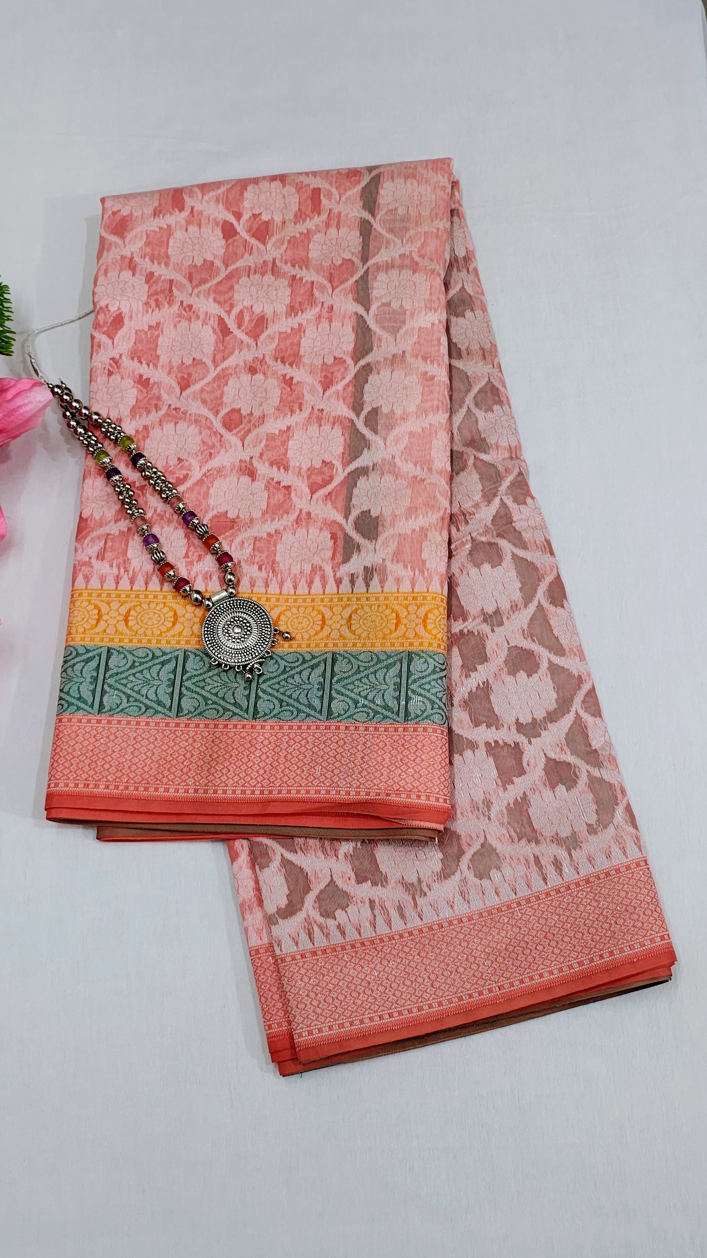 Banarasi Cotton Silk Peach color Saree With Unstitched Blouse