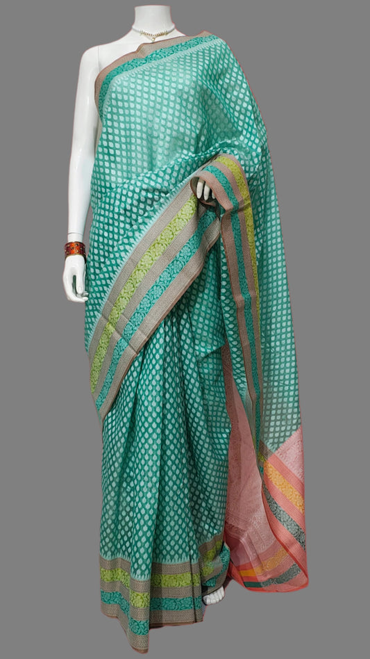 Banarasi Cotton Silk Green Saree With Unstitched Blouse