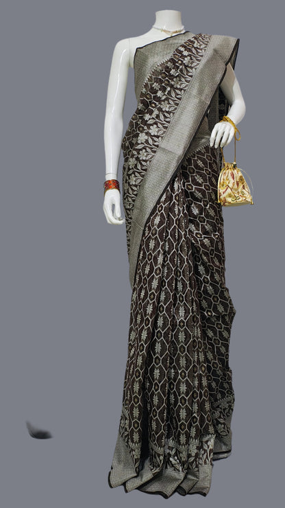 Banarasi Cotton Silk Brown Saree With Unstitched Blouse