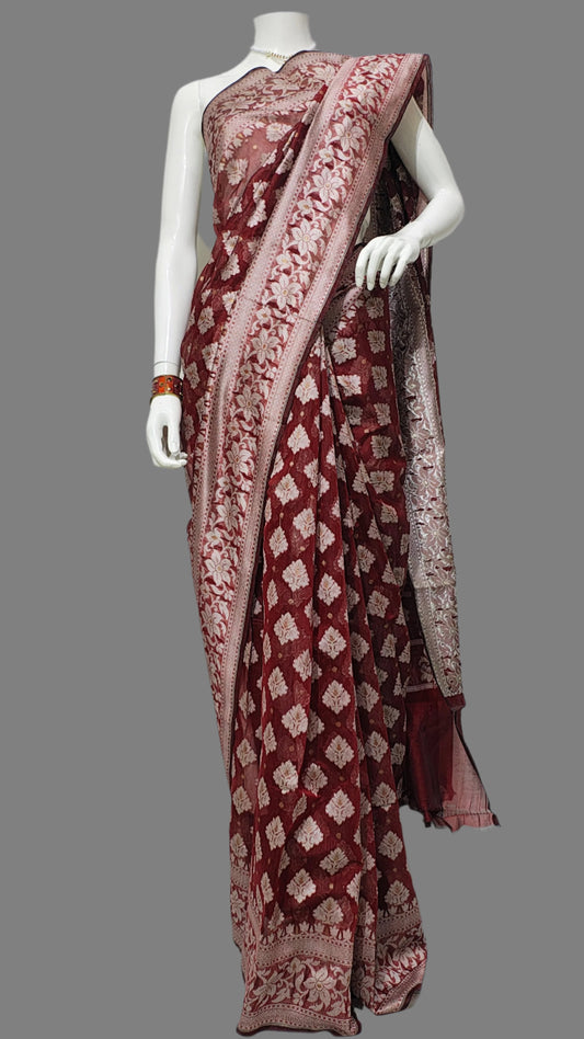 Banarasi Cotton Silk Maroon Saree With Unstitched Blouse