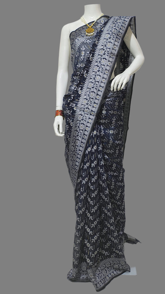 Banarasi Cotton Silk Navy Blue Saree With Unstitched Blouse