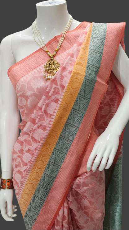 Banarasi Cotton Silk Peach color Saree With Unstitched Blouse