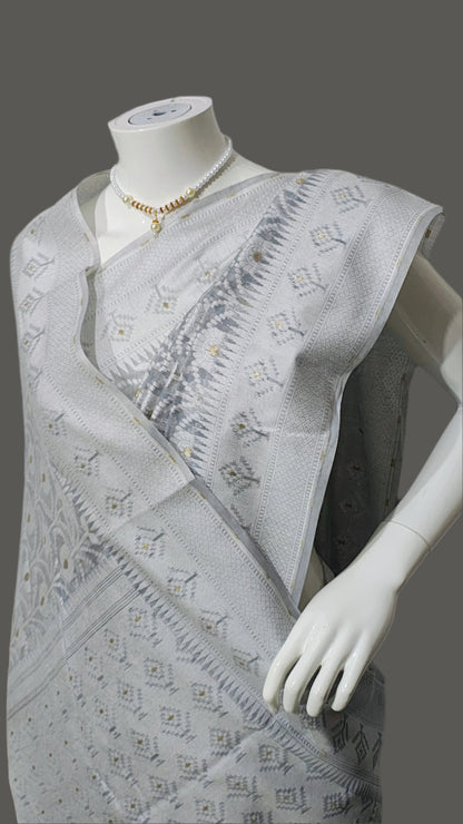 Banarasi Cotton Silk Grey Saree With Unstitched Blouse