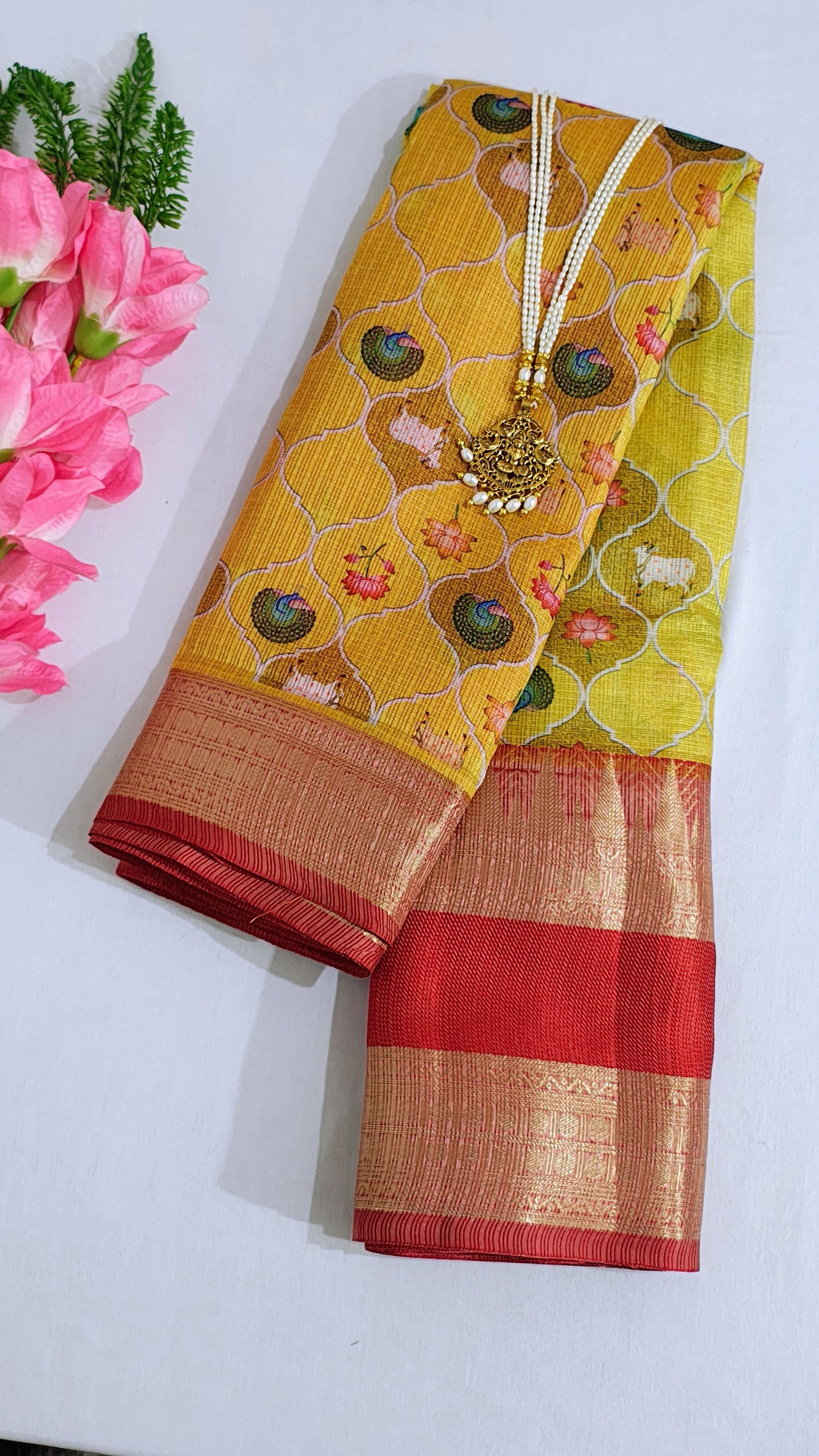 Yellow Kota Doria Kalamkari Digital Print Banarasi Saree