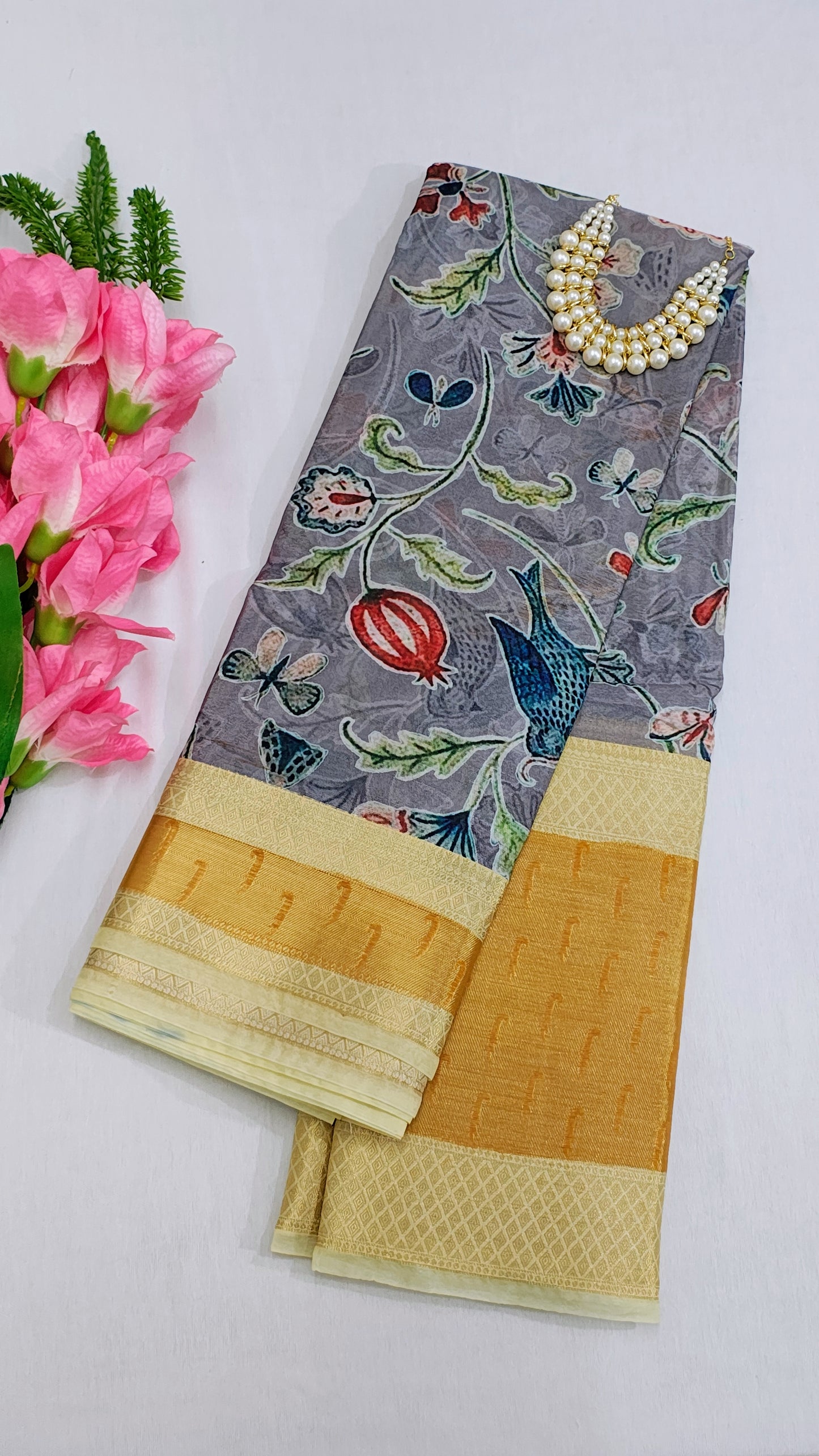 Grey Worm Silk Muniya Digital Print Banarasi Saree